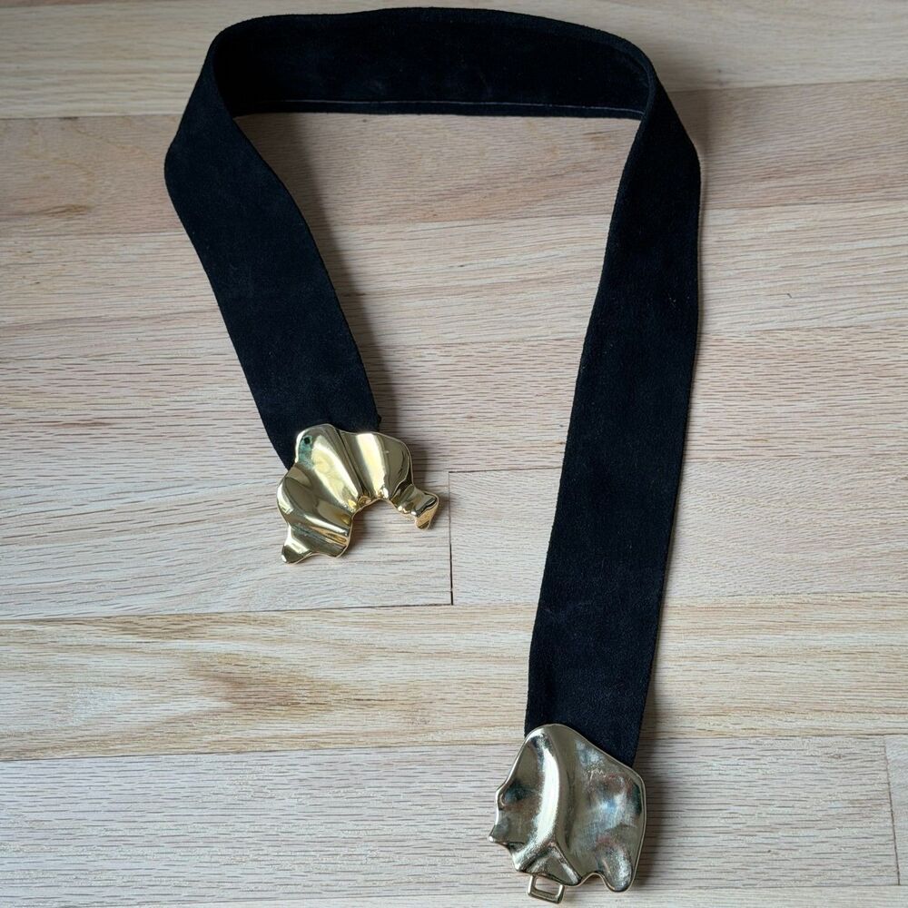 Vintage 80s Maximalist Black Suede Belt Sculptural Gold Clasp